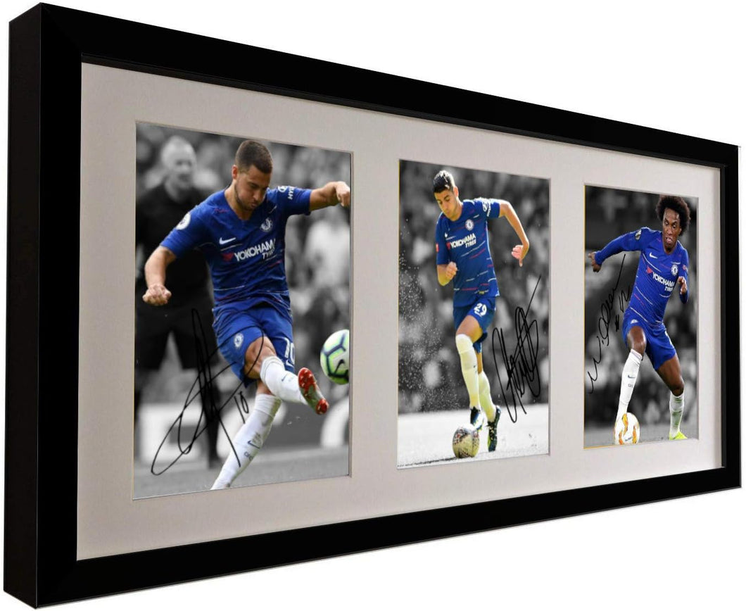 2018/19 Eden Hazard Willian Alvaro Morata Chelsea FC Signed Autographed Photo Photograph Picture Black Frame Football Soccer Poster Gift