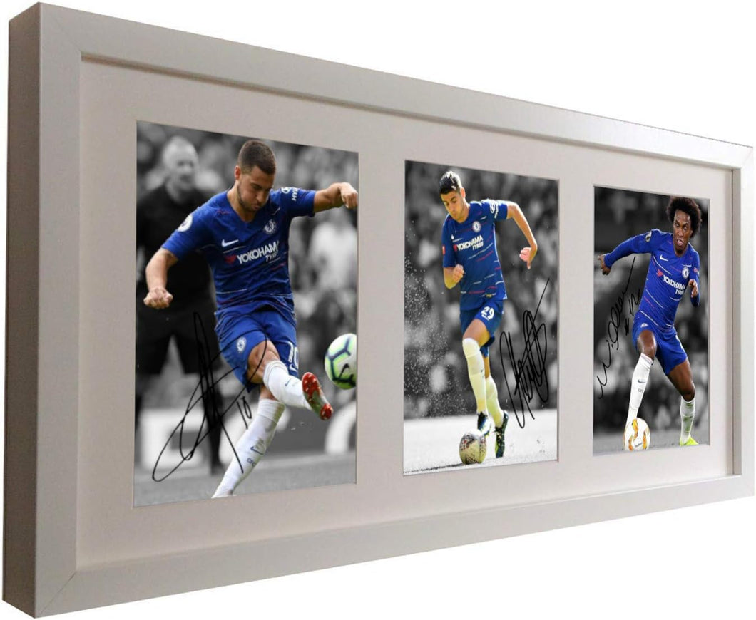2018/19 Eden Hazard Willian Alvaro Morata Chelsea FC Signed Autographed Photo Photograph Picture White Frame Football Soccer Poster Gift