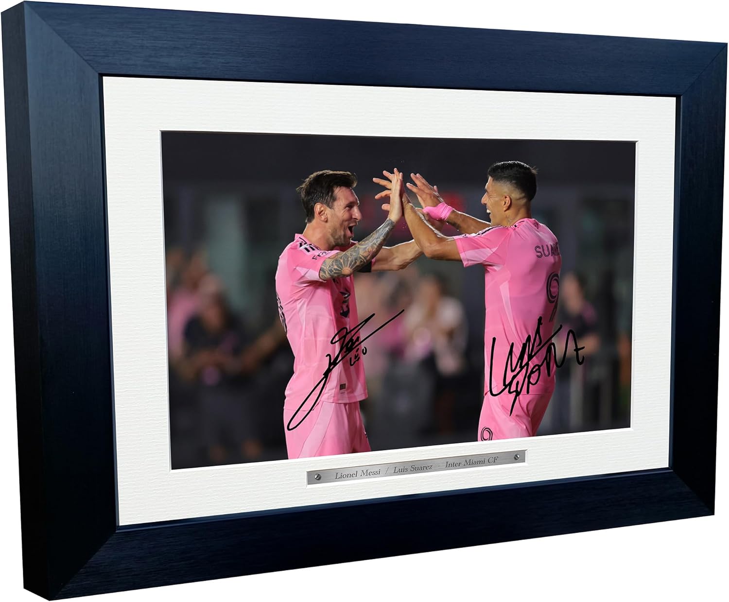 12x8 A4 Signed Lionel Messi Luis Suarez Inter Miami High Five Celebration Autographed Signature Photo Photograph Picture Frame Football Soccer Poster Gift