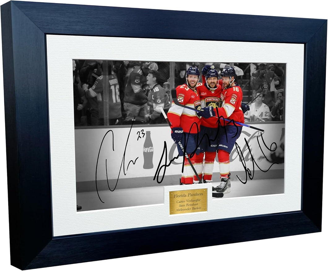 12x8 A4 Stanley Cup Champions 2024 Florida Panthers Carter Verhaeghe Sam Reinhart Aleksander Barkov NHL Autograph Signed Signature Photo Photograph Picture Frame Ice Hockey Poster Gift