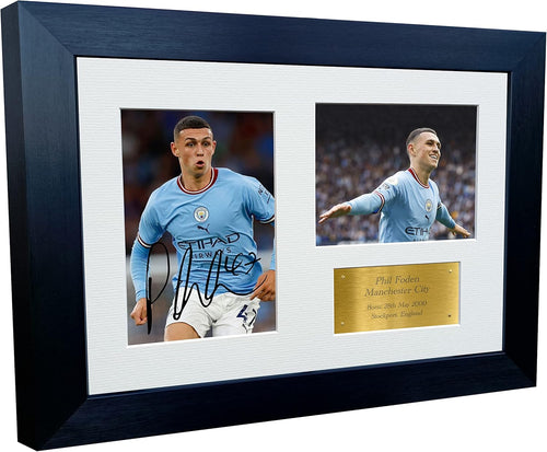 12x8 A4 Phil Foden Manchester City Triple Autographed Signed Photo Photograph Picture Frame Football Soccer Poster Gift Gold