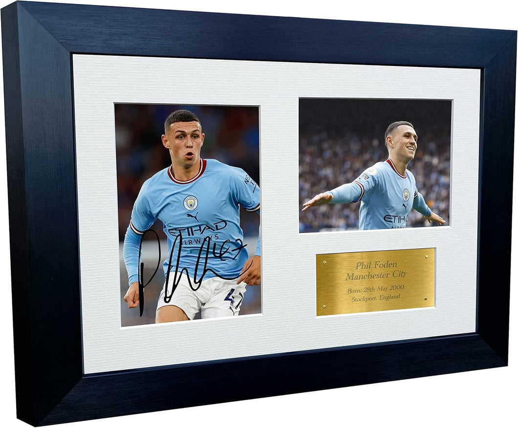 12x8 A4 Phil Foden Manchester City Triple Autographed Signed Photo Photograph Picture Frame Football Soccer Poster Gift Gold