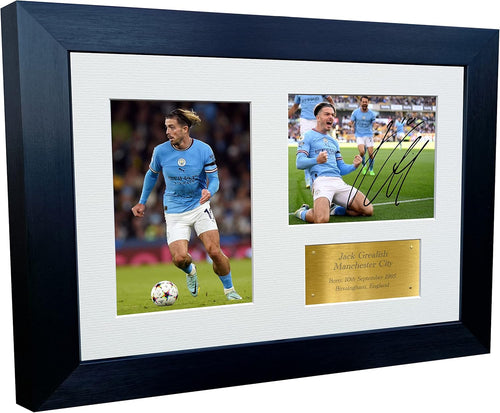 12x8 A4 Jack Grealish Manchester City Triple Autographed Signed Photo Photograph Picture Frame Football Soccer Poster Gift Gold