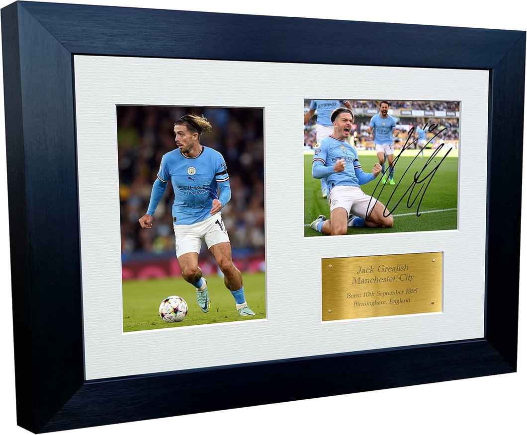 12x8 A4 Jack Grealish Manchester City Triple Autographed Signed Photo Photograph Picture Frame Football Soccer Poster Gift Gold