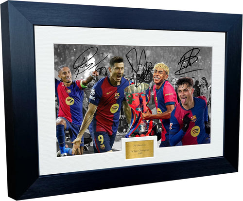 12x8 A4 Signed Barcelona LA LIGA CHAMPIONS 2025 Lamine Yamal Robert Lewandowski Raphinha Pedri Autographed Autograph Signature Picture Frame Photograph Photo Football Soccer Poster Gift