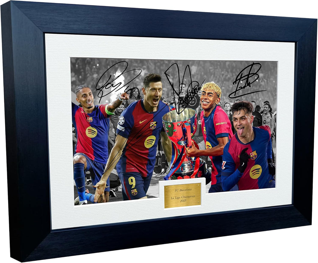 12x8 A4 Signed Barcelona LA LIGA CHAMPIONS 2025 Lamine Yamal Robert Lewandowski Raphinha Pedri Autographed Autograph Signature Picture Frame Photograph Photo Football Soccer Poster Gift