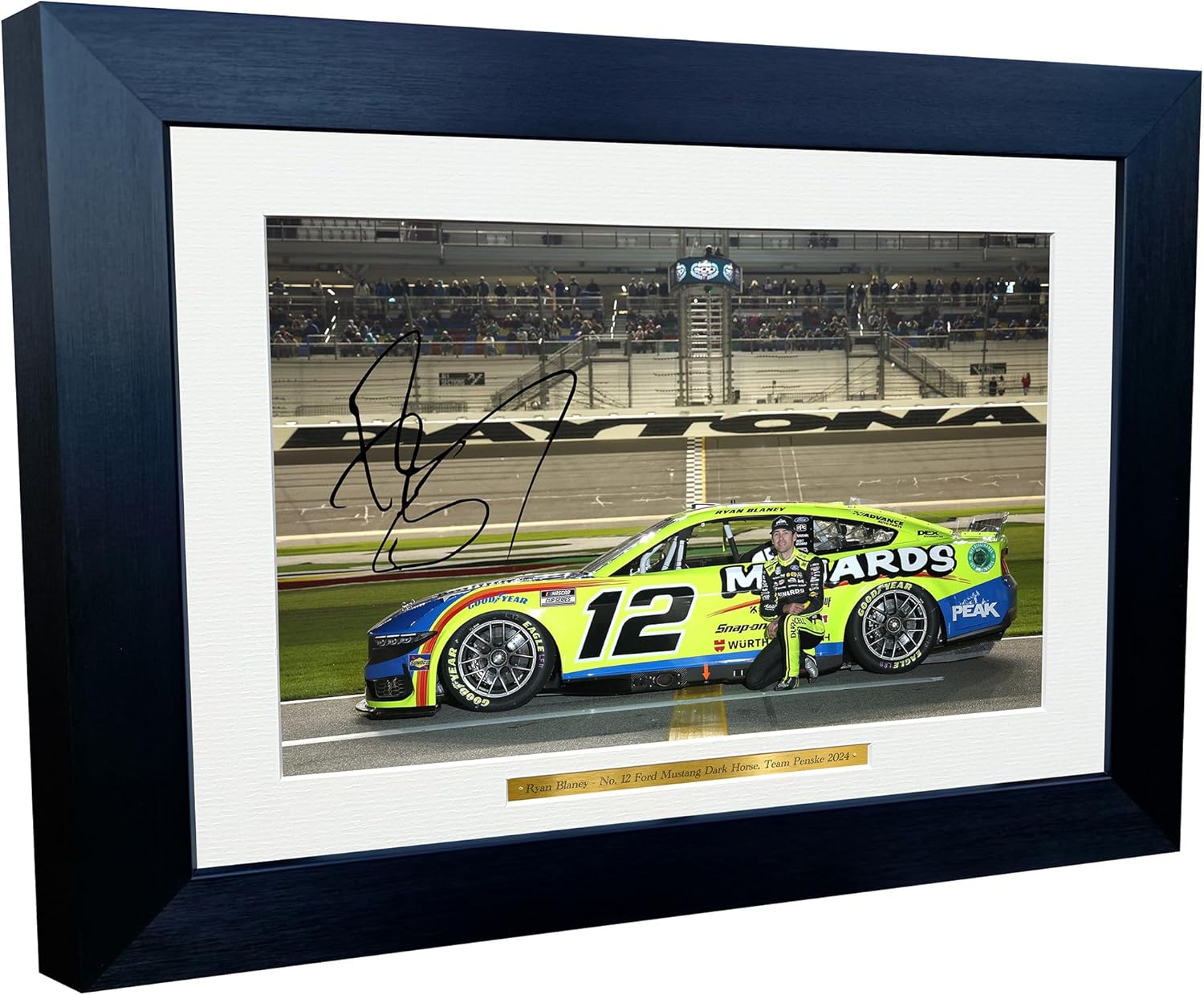 12x8 A4 Ryan Blaney 2024 Daytona 500 NASCAR Cup Series No. 12 Ford Mustang Dark Horse for Team Penske Signed Autographed Signature Photo Photograph Picture Frame Poster Celebration Gift
