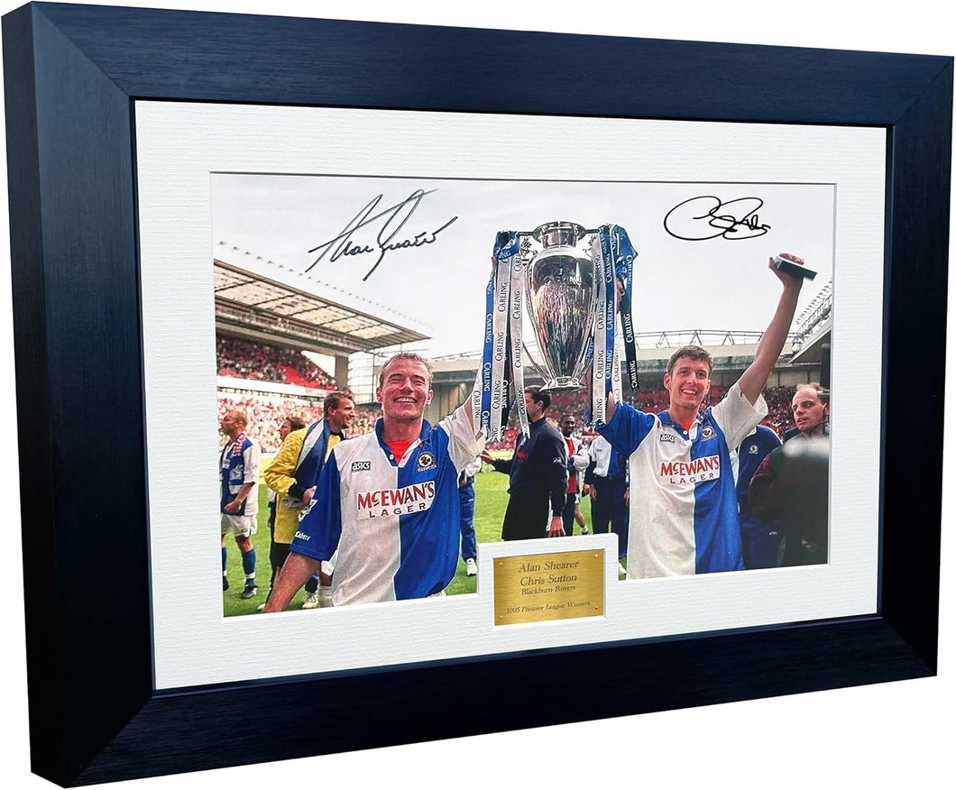 12x8 A4 Signed Alan Shearer Chris Sutton Blackburn Rovers 1995 Premier League Champions Winners Autographed Autograph Signed Signature Photograph Photo Picture Frame Football Soccer Poster Gift