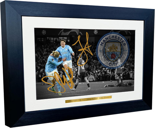 12x8 A4 Signed Erling Haaland Julián Álvarez Manchester City Autographed Autograph Signed Photograph Photo Picture Frame Football Soccer Poster Gift BW