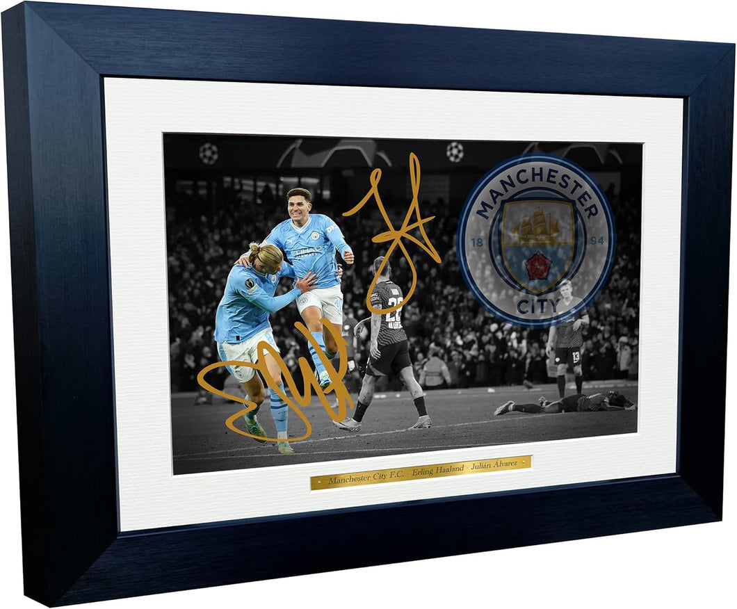 12x8 A4 Signed Erling Haaland Julián Álvarez Manchester City Autographed Autograph Signed Photograph Photo Picture Frame Football Soccer Poster Gift BW