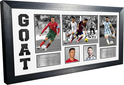 GOAT Black/White Mount Cristiano Ronaldo Lionel Messi Real Madrid Manchester Juventus Barcelona PSG Portugal Argentina Signed Autographed Photograph Picture Frame Football Soccer (Off White Mount)