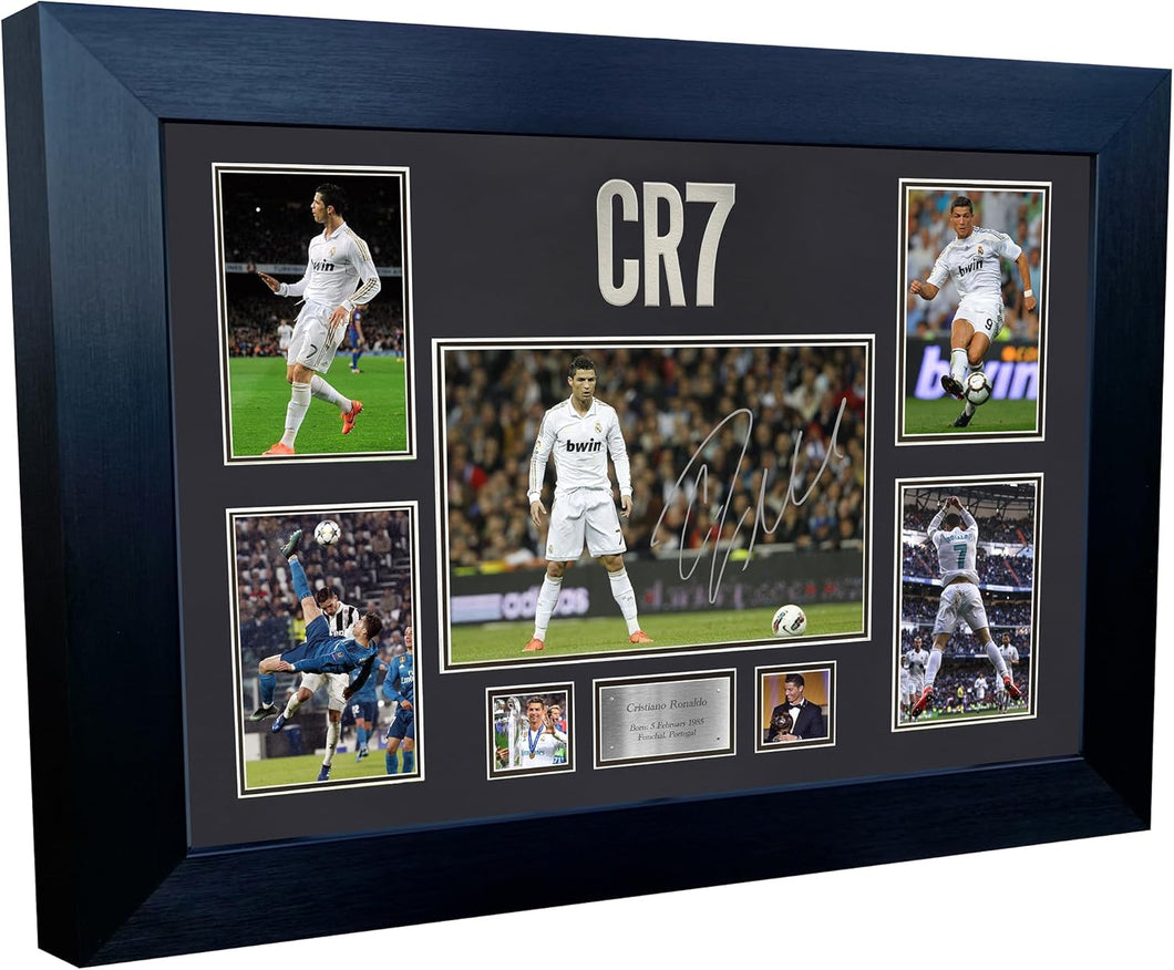 Large A3+ Signed CR7 Cristiano Ronaldo Real Madrid Display Autographed Signature Photo Photograph Picture Frame Football Soccer Poster Gift Manchester United Juventus Al-Nassr Portugal (Black Mount)