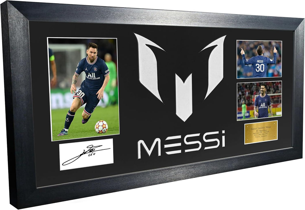 Lionel Messi Celebration With Precision Cut Logo PSG Paris Saint-Germain F.C. Signed Autographed Signature Photograph Picture Frame Football Soccer Poster Gift Black Mount