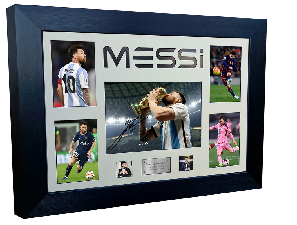 Large A3+ Signed Lionel Messi Inter Miami Barcelona PSG Argentina Display Autographed Signature Photo Photograph Picture Frame Football Soccer Poster Gift (Black Mount, Career Montage)