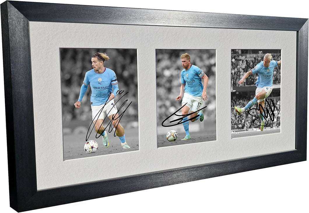 Signed Black 2022/23 Manchester City - Jack Grealish - Kevin De Bruyne - Erling Haaland - Autographed Photo Photograph Picture Frame Football Soccer Poster Gift