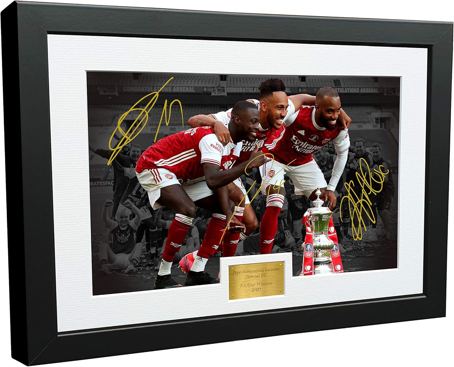 12x8 A4 Signed "2020 FA CUP WINNERS" Alexandre Lacazette Pierre-Emerick Aubameyang Pepe Arsenal FC Autographed Photo Photograph Picture Frame Football Soccer Poster Gift