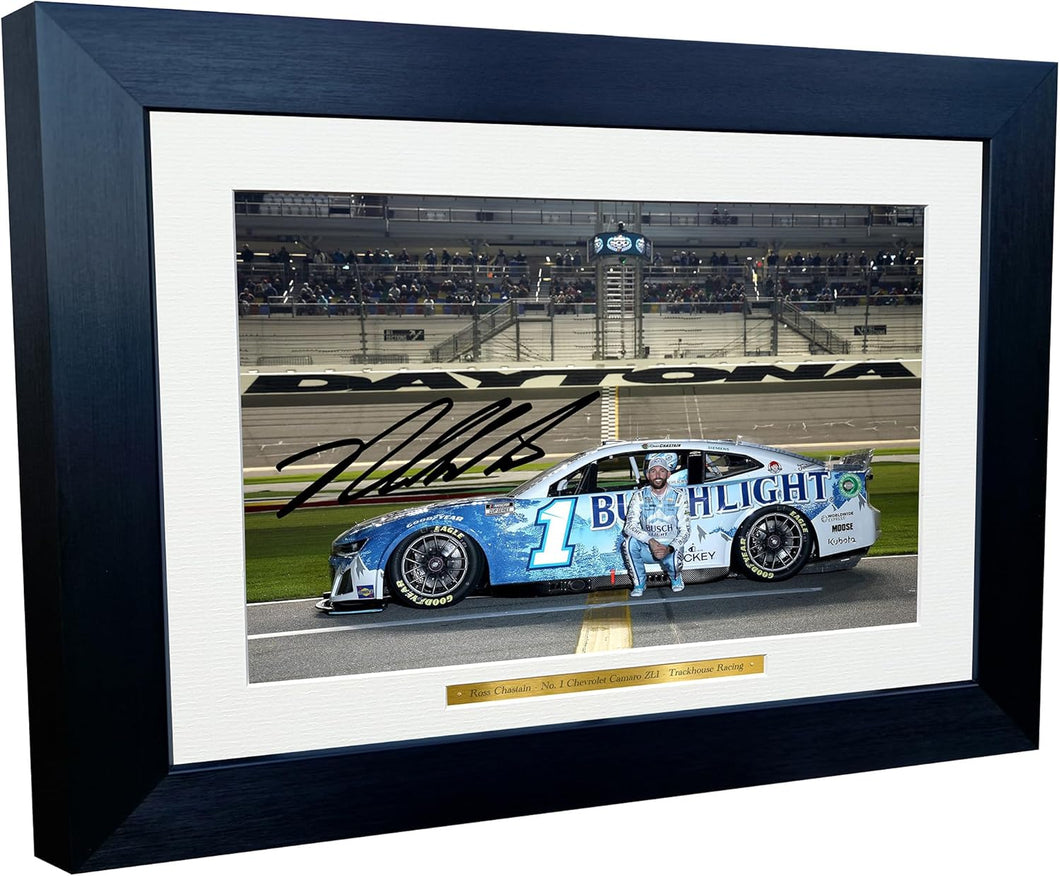 12x8 A4 Ross Chastain 2024 Daytona 500 NASCAR No. 1 Chevrolet Camaro ZL1 Trackhouse Racing Signed Autographed Signature Photo Photograph Picture Frame Poster Celebration Gift Watermelon Man