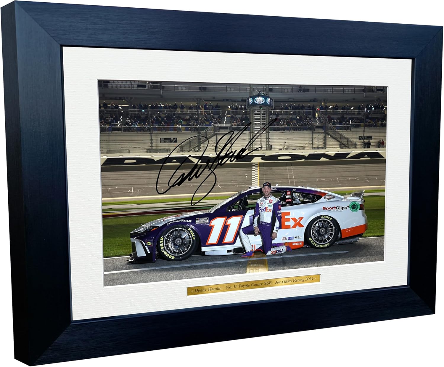 12x8 A4 Denny Hamlin 2024 Daytona 500 NASCAR Cup Series No. 11 Toyota Camry XSE for Joe Gibbs Racing Signed Autographed Signature Photo Photograph Picture Frame Poster Celebration Gift