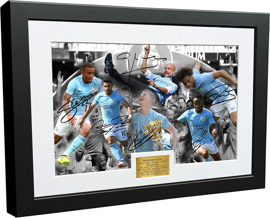 A3+ 2017/18 Premier League CHAMPIONS CELEBRATION Signed Manchester City Guardiola De Bruyne Agüero Sterling Jesus Sane Autographed Photo Photograph Picture Frame Soccer Gift