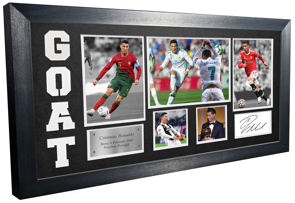 Cristiano Ronaldo GOAT Black or White Mount Real Madrid Manchester United Juventus Portugal Signed Autographed Photo Photograph Picture Frame Football Soccer Poster Gift (Off White Mount)