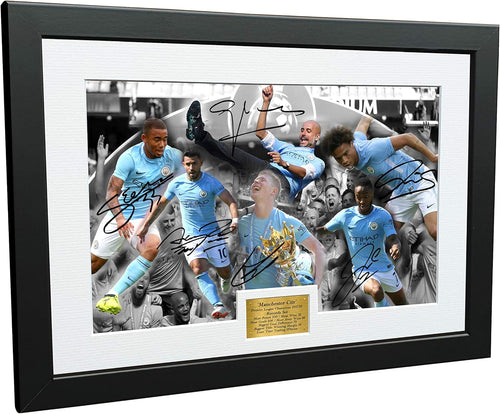 2017/18 Premier League CHAMPIONS CELEBRATION 12x8 A4 Signed Manchester City Guardiola De Bruyne Agüero Sterling Jesus Sane Autographed Photo Photograph Picture Frame Soccer Gift