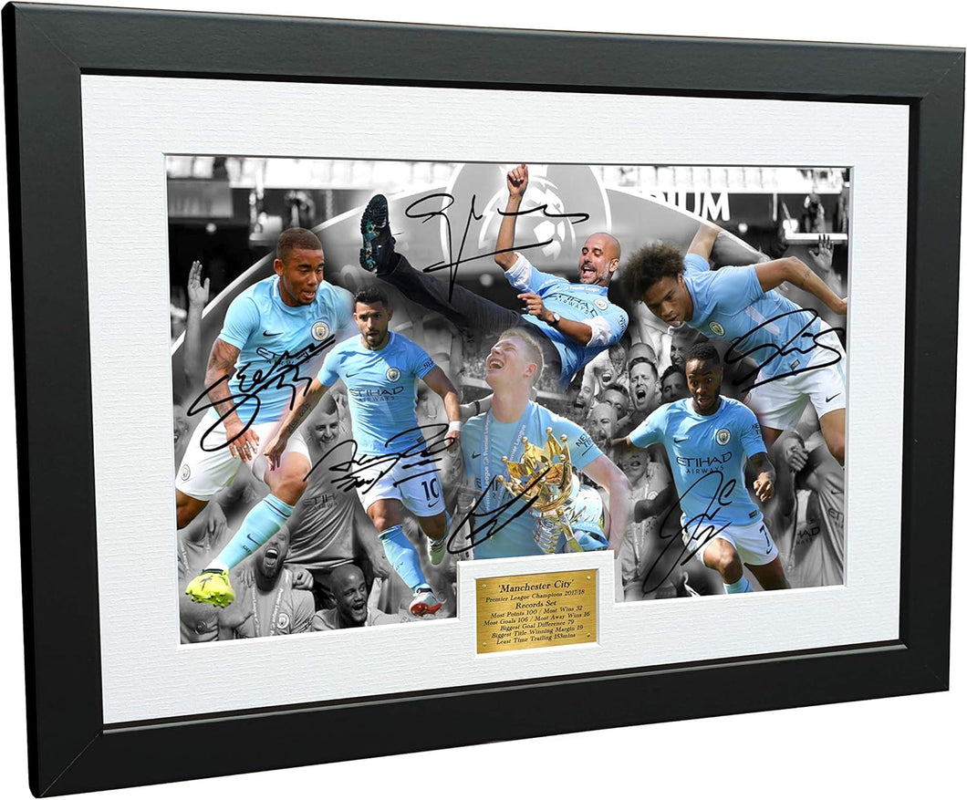 2017/18 Premier League CHAMPIONS CELEBRATION 12x8 A4 Signed Manchester City Guardiola De Bruyne Agüero Sterling Jesus Sane Autographed Photo Photograph Picture Frame Soccer Gift