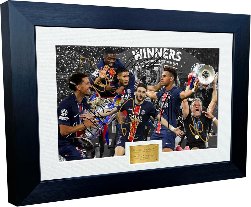 12x8 A4 Signed Paris Saint-Germain CHAMPIONS LEAGUE WINNERS 2025 PSG Doue Dembele Kvaratskhelia Hakimi Marquinhos Luis Enrique Autographed Photo Photograph Picture Frame Football Soccer Gift