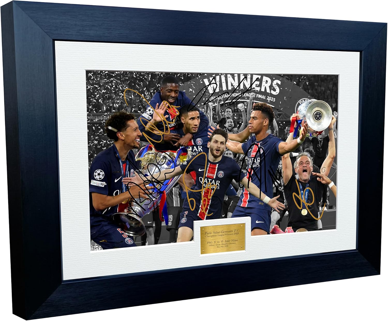 12x8 A4 Signed Paris Saint-Germain CHAMPIONS LEAGUE WINNERS 2025 PSG Doue Dembele Kvaratskhelia Hakimi Marquinhos Luis Enrique Autographed Photo Photograph Picture Frame Football Soccer Gift