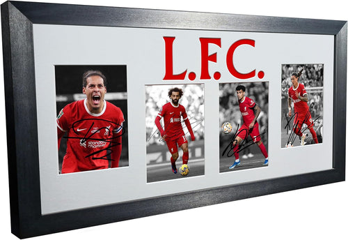 Signed Liverpool Virgil van Dijk - Darwin Nunez - Luis Diaz - Mo Mohamed Salah Autographed Signature Photo Photograph Picture Frame Football Soccer Poster Gift