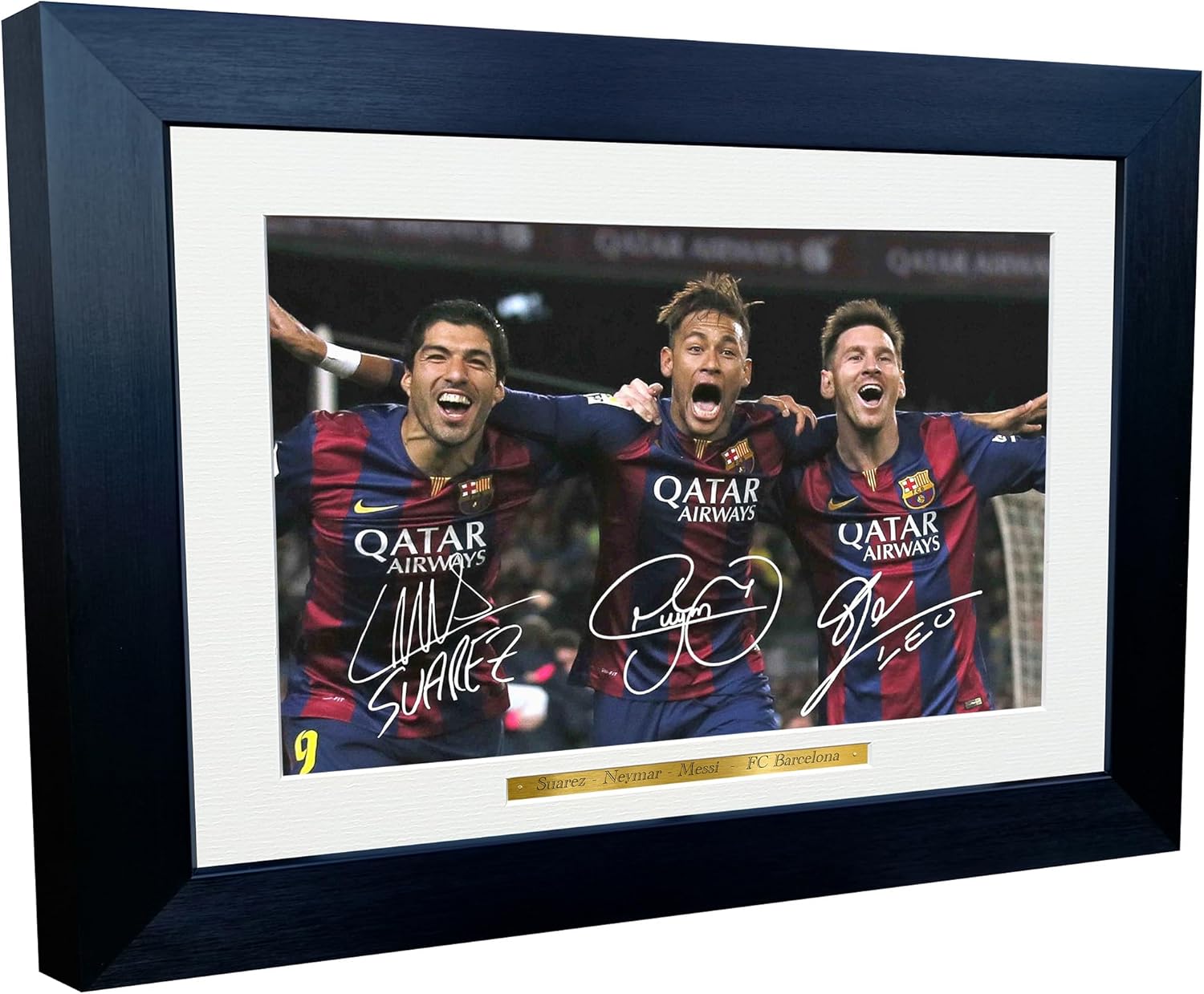 Lionel Messi Neymar JN Luis Suarez Barcelona Autographed Autograph Signed Signature Photograph Photo Picture Frame Football Soccer Poster Gift