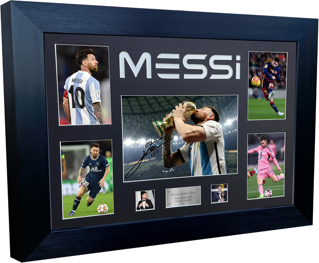 Large A3+ Signed Lionel Messi Inter Miami Barcelona PSG Argentina Display Autographed Signature Photo Photograph Picture Frame Football Soccer Poster Gift (Black Mount, Career Montage)
