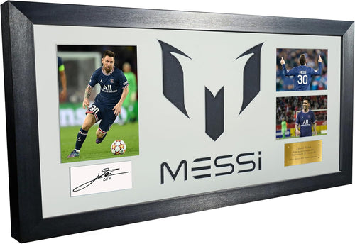 Lionel Messi Celebration With Precision Cut Logo PSG Paris Saint-Germain F.C. Signed Autographed Signature Photograph Picture Frame Football Soccer Poster Gift White Mount