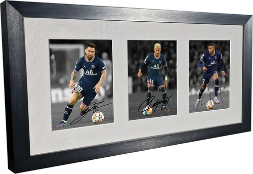 Triple 2022/23 Lionel Messi Neymar Junior Kylian Mbappe Paris Saint-Germain PSG Autographed Signed 12x8 A4 Photo Photograph Picture Frame Football Soccer Poster Gift