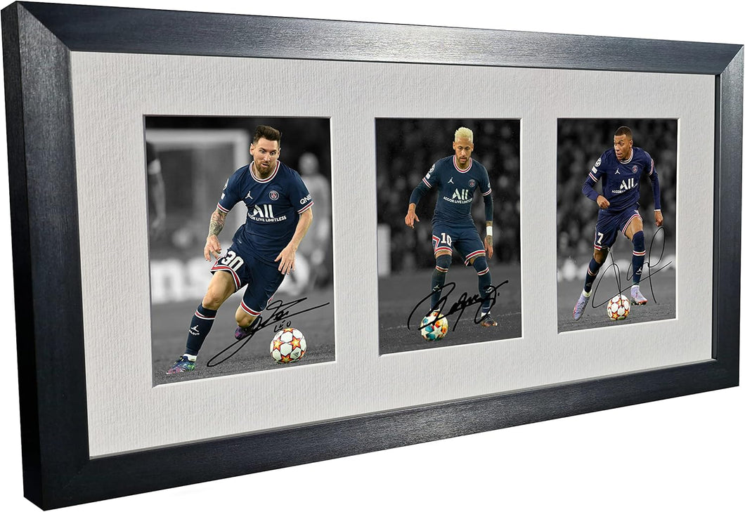 Triple 2022/23 Lionel Messi Neymar Junior Kylian Mbappe Paris Saint-Germain PSG Autographed Signed 12x8 A4 Photo Photograph Picture Frame Football Soccer Poster Gift