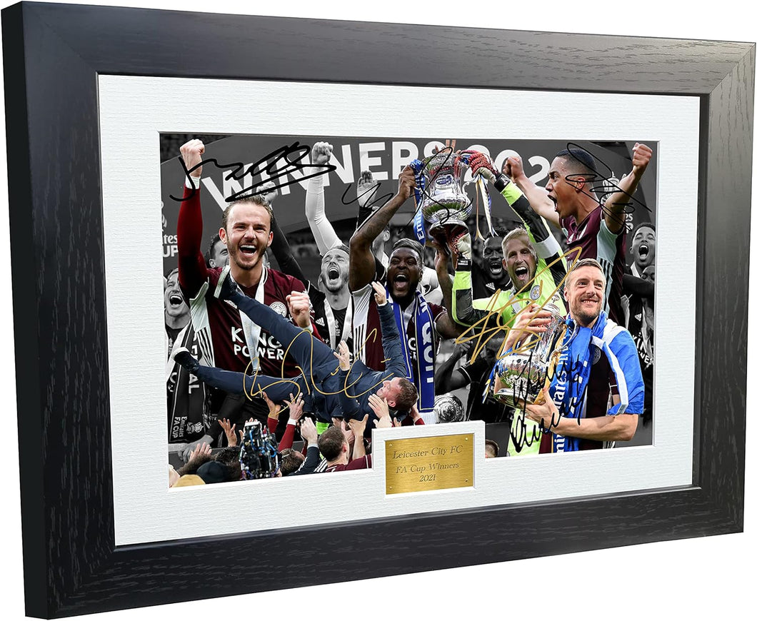 Large A3+ '2021 FA CUP WINNERS' Brendan Rodgers Maddison Jamie Vardy Youri Tielemans Kasper Schmeichel Morgan Leicester City FC Signed Autographed Photo Photograph Picture Frame Poster Gift