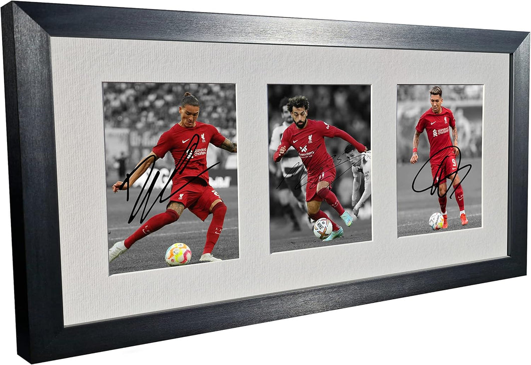 Signed Black 2022/23 Liverpool - Darwin Nunez - Roberto Firmino - Mo Mohamed Salah - Autographed Photo Photograph Picture Frame Football Soccer Poster Gift