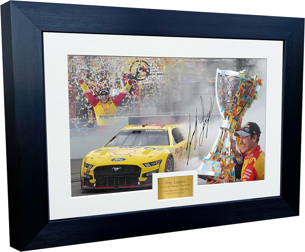 Kitbags & Lockers '2 TIMES CHAMPION' 2018 2022 Joey Logano NASCAR Cup Series No22 Ford Mustang Team Penske Triple Autographed Signed 12x8 A4 Photo Photograph Picture Frame Poster Gift