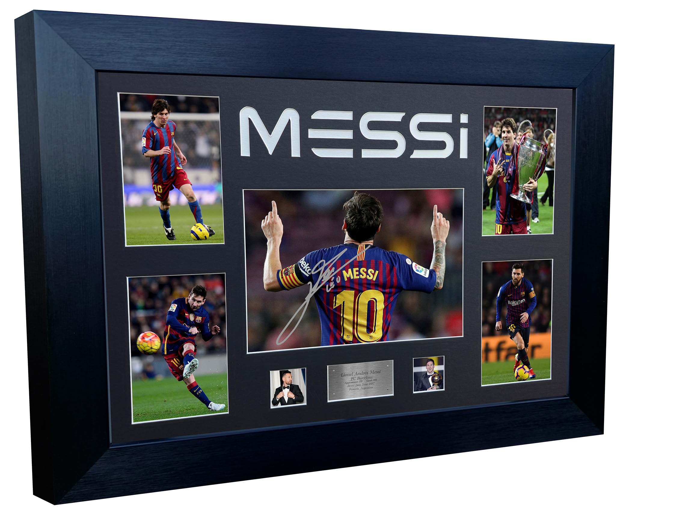 Large A3+ Signed Lionel Messi Inter Miami Barcelona PSG Argentina Display Autographed Signature Photo Photograph Picture Frame Football Soccer Poster Gift (Black Mount, Career Montage)