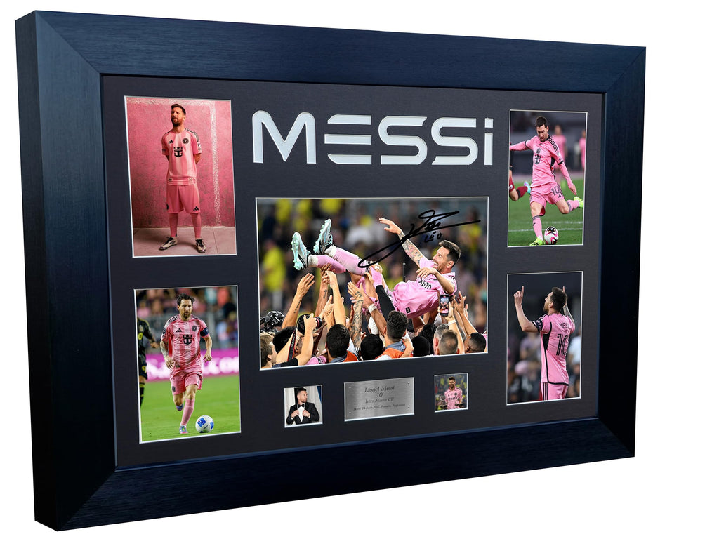 Large A3+ Signed Lionel Messi Inter Miami Barcelona PSG Argentina Display Autographed Signature Photo Photograph Picture Frame Football Soccer Poster Gift (Black Mount, Career Montage)