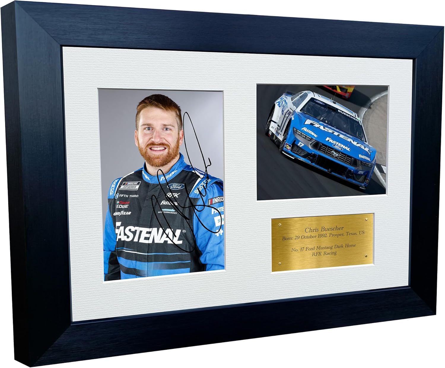 12x8 A4 Chris Buescher 2024 NASCAR Cup Series No. 17 Ford Mustang Dark Horse for RFK Racing Signed Autographed Signature Photo Photograph Picture Frame Poster Celebration Gift Triple Gold