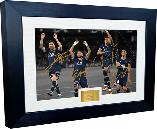 Messi Neymar Mbappe Hakimi PSG Paris Saint-Germain Autographed Signed 12x8 A4 Photo Photograph Picture Frame Football Soccer Poster Gift