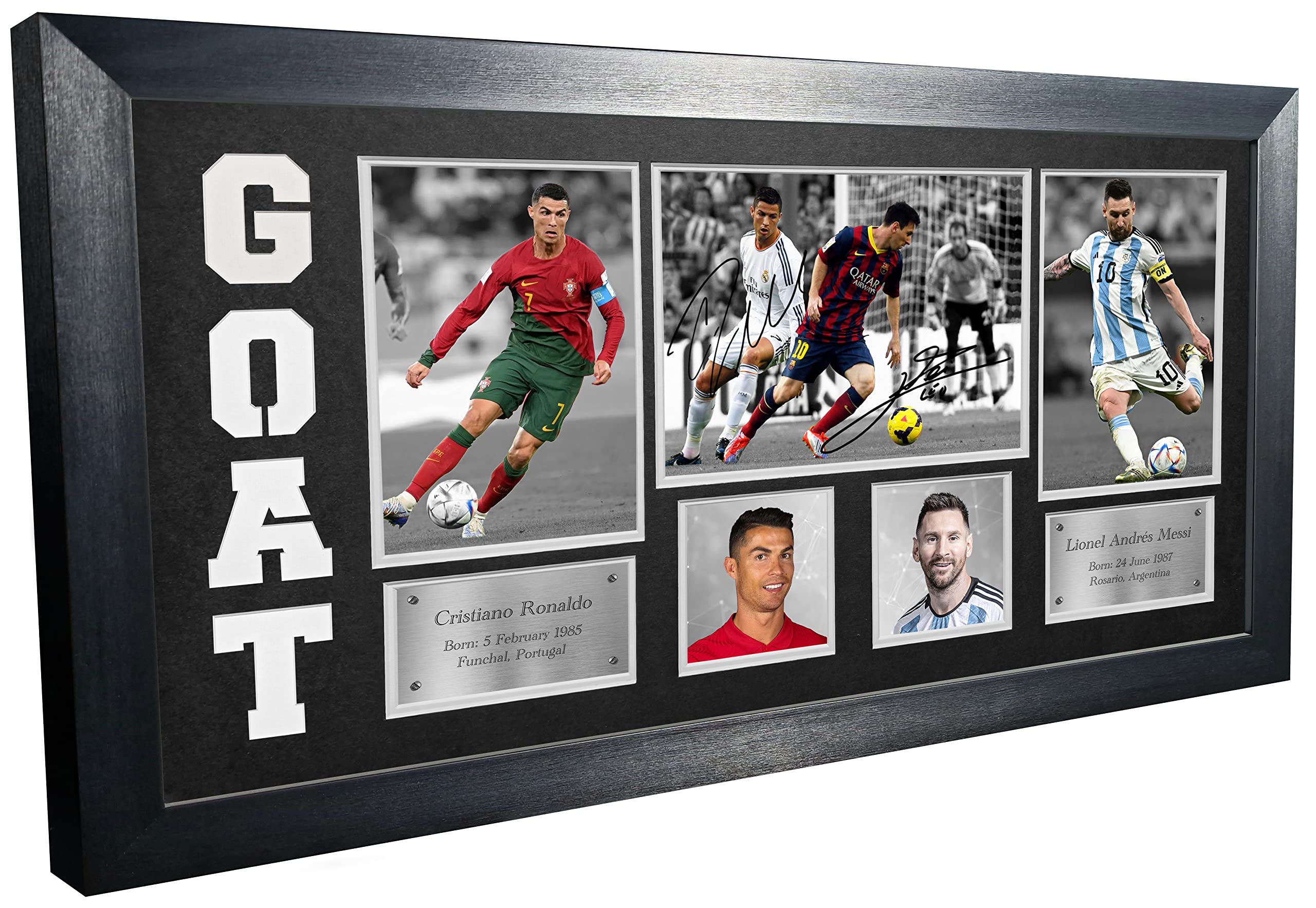 GOAT Black/White Mount Cristiano Ronaldo Lionel Messi Real Madrid Manchester Juventus Barcelona PSG Portugal Argentina Signed Autographed Photograph Picture Frame Football Soccer (Off White Mount)