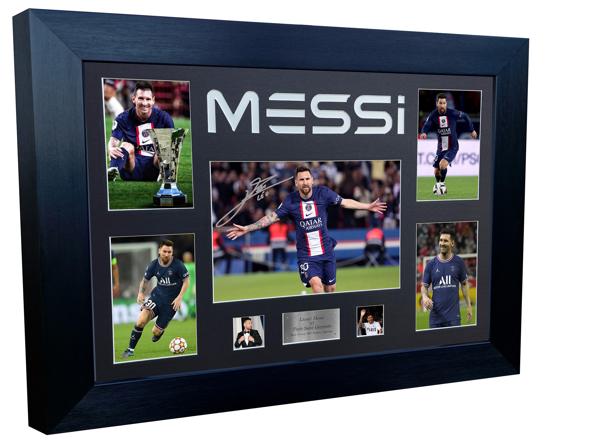 Large A3+ Signed Lionel Messi Inter Miami Barcelona PSG Argentina Display Autographed Signature Photo Photograph Picture Frame Football Soccer Poster Gift (Black Mount, Career Montage)