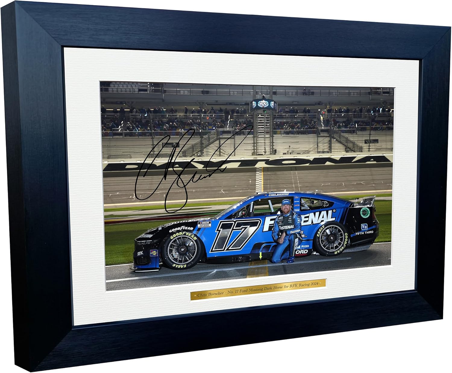 12x8 A4 Chris Buescher 2024 Daytona 500 NASCAR Cup Series No. 17 Ford Mustang Dark Horse for RFK Racing Signed Autographed Signature Photo Photograph Picture Frame Poster Celebration Gift