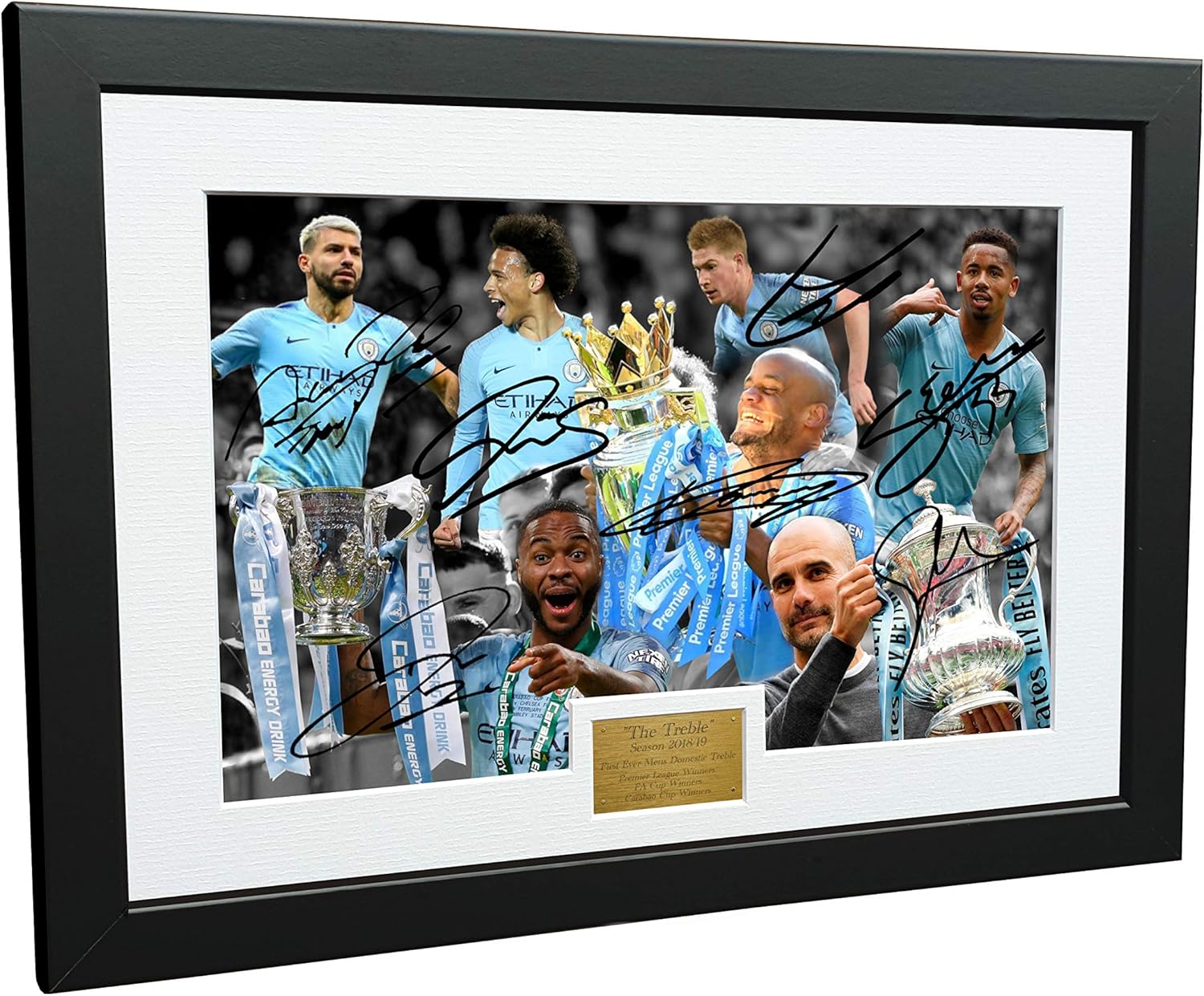 Kitbags & Lockers 2018/19" THE TREBLE 12x8 A4 Signed Manchester City Guardiola De Bruyne Agüero Sterling Jesus Sane Autographed Photo Photograph Picture Frame Soccer Gift