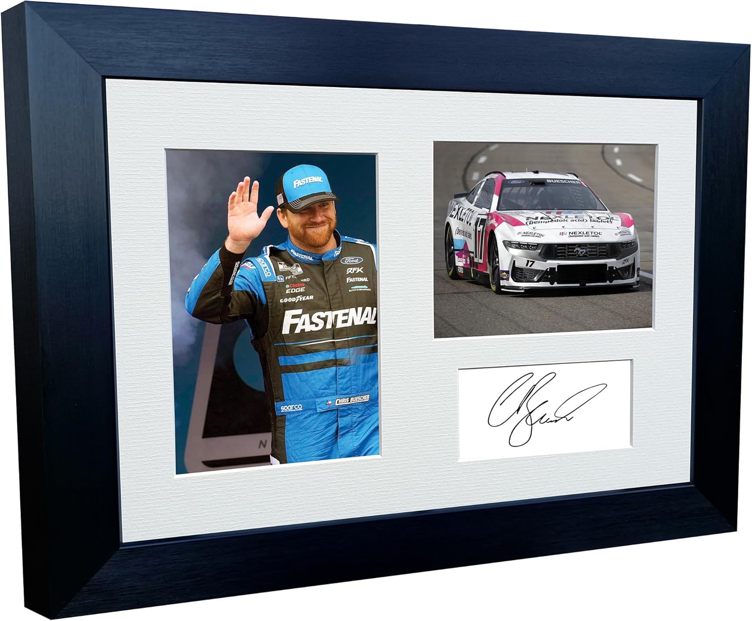 12x8 A4 Chris Buescher 2024 NASCAR Cup Series No. 17 Ford Mustang Dark Horse for RFK Racing Signed Autographed Signature Photo Photograph Picture Frame Poster Celebration Gift Triple