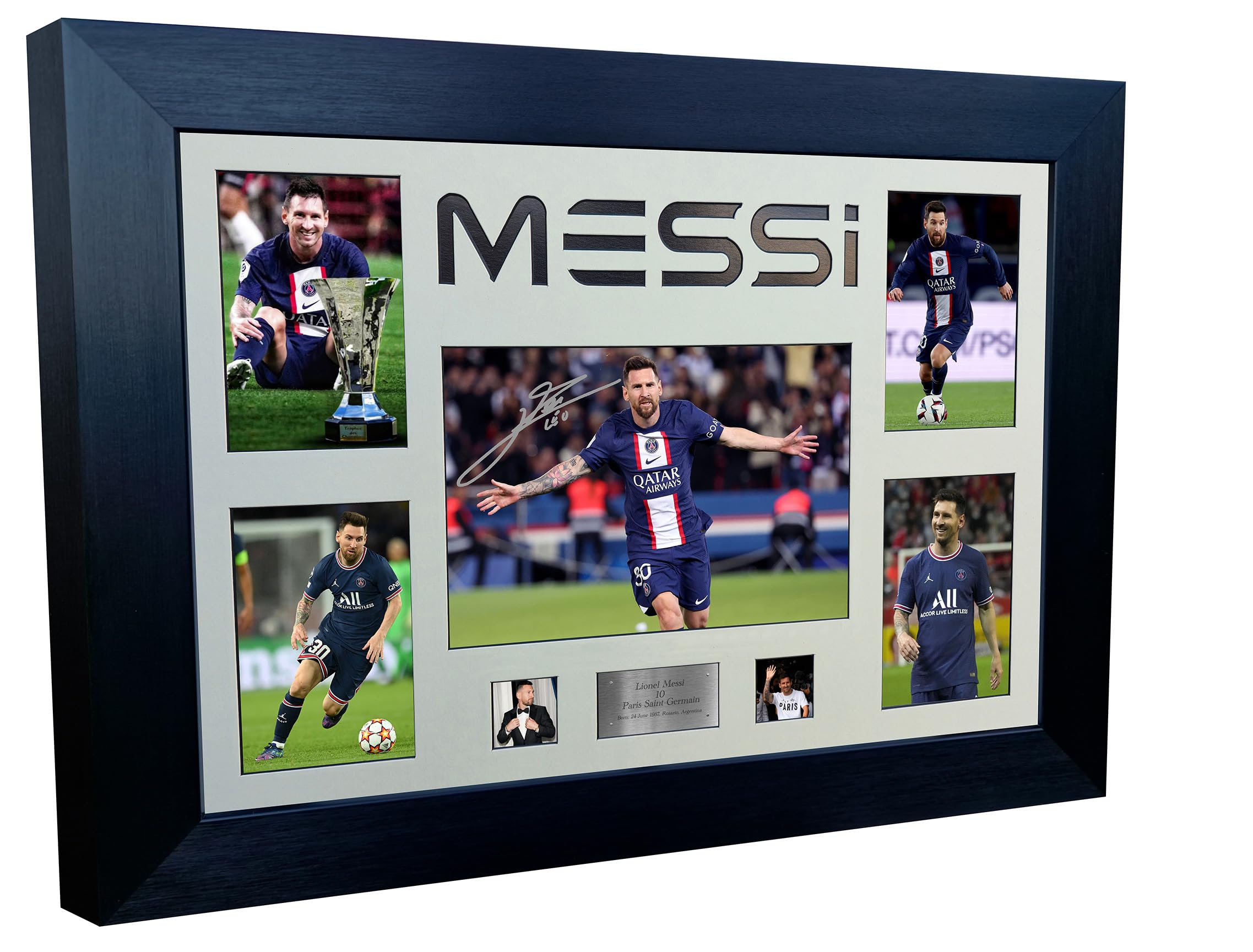 Large A3+ Signed Lionel Messi Inter Miami Barcelona PSG Argentina Display Autographed Signature Photo Photograph Picture Frame Football Soccer Poster Gift (Black Mount, Career Montage)