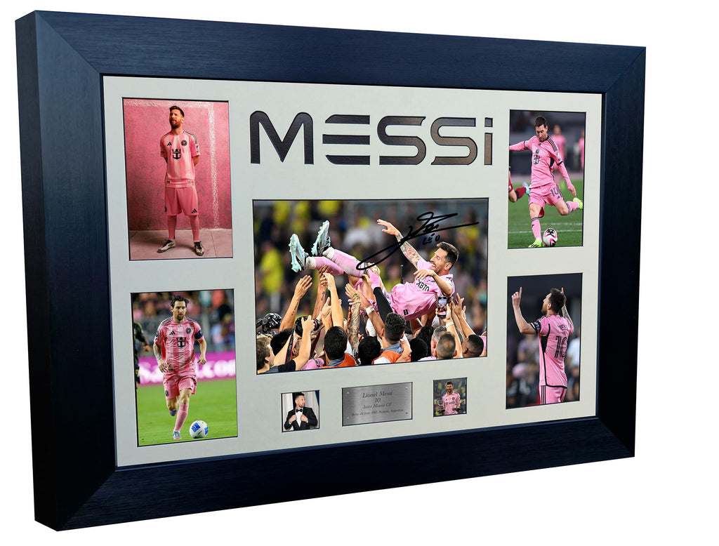 Large A3+ Signed Lionel Messi Inter Miami Barcelona PSG Argentina Display Autographed Signature Photo Photograph Picture Frame Football Soccer Poster Gift (Black Mount, Career Montage)