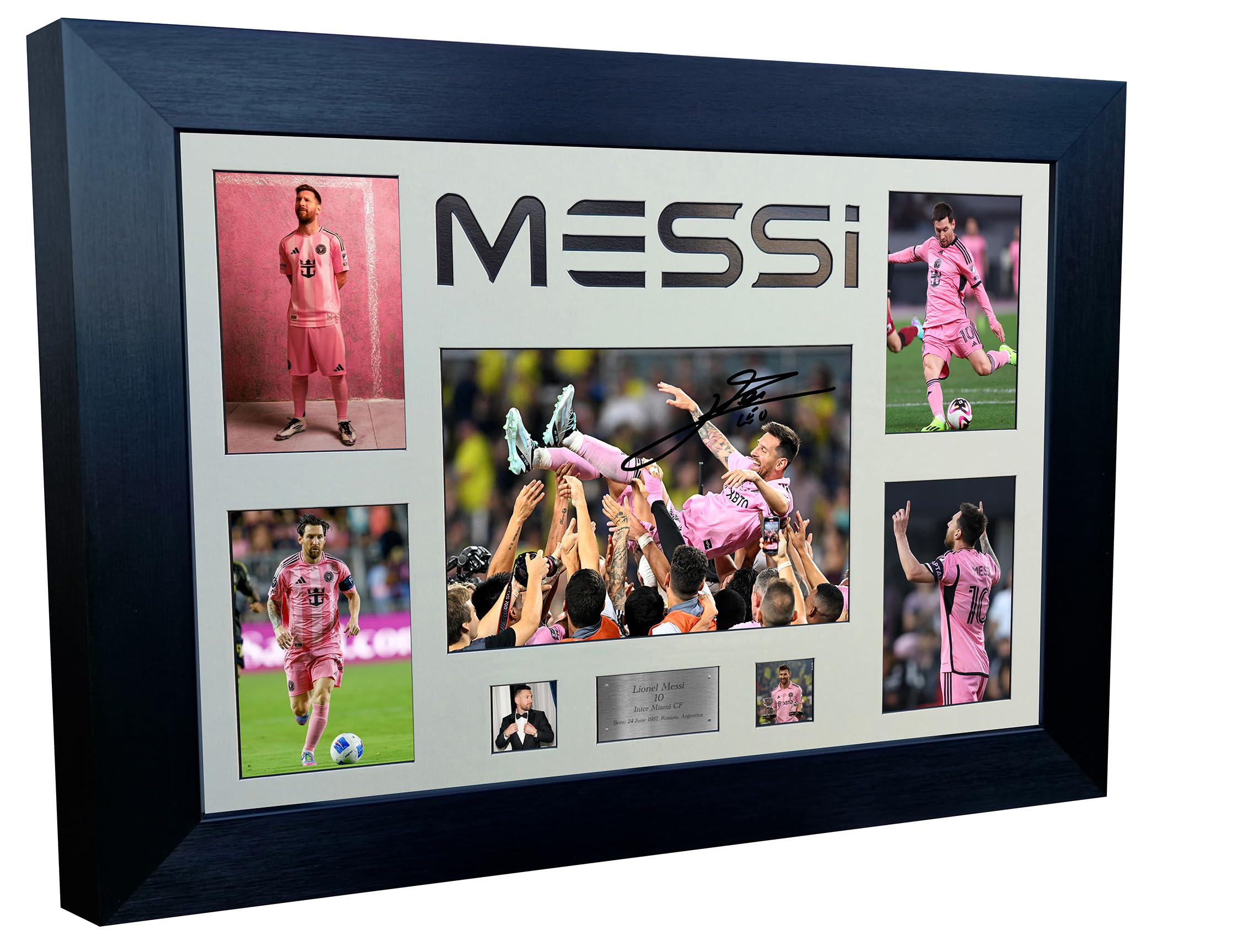Large A3+ Signed Lionel Messi Inter Miami Barcelona PSG Argentina Display Autographed Signature Photo Photograph Picture Frame Football Soccer Poster Gift (Black Mount, Career Montage)