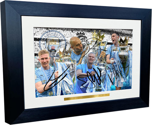 12x8 A4 Signed Manchester City FC Premier League Winners 4 In A Row 2021/2022/2023/2024 Kevin De Bruyne Pep Guardiola Erling Haaland Phil Foden Autographed Photo Photograph Picture Frame Poster Gift